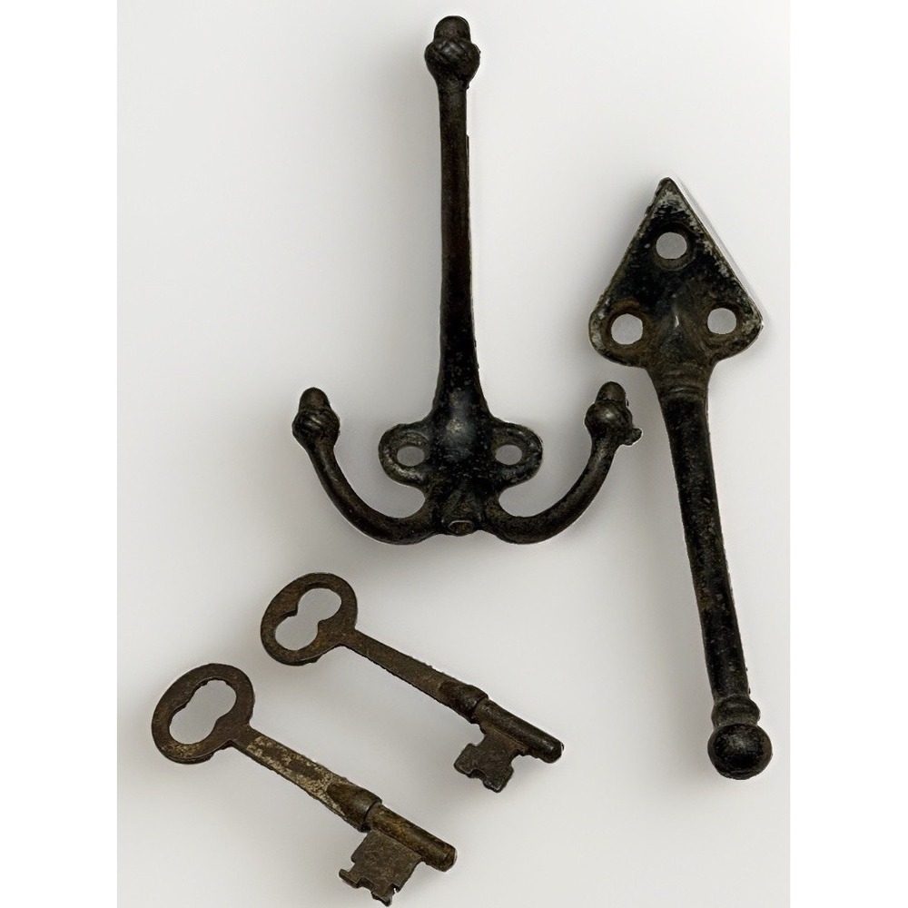 Antique Hook LOT Coat Hat Acorn Hooks Forged Metal Iron Black Old Keys Folk VTG